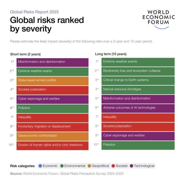 Wereldwijde risico's gerangschikt naar ernst op korte en lange termijn